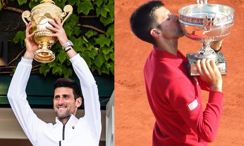 Novak Djokovic celebrating the 2019 Australian Open and 2016 French Open titles.