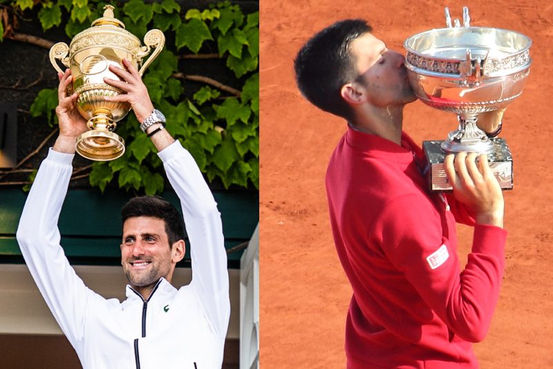 Novak Djokovic celebrating the 2019 Australian Open and 2016 French Open titles.