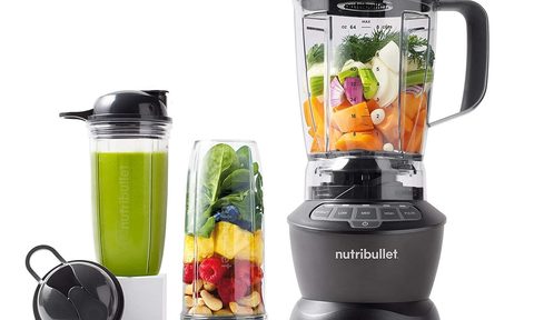 The Nutribullet Blender Combo with various ingredients inside the pitcher and single-serve cup.