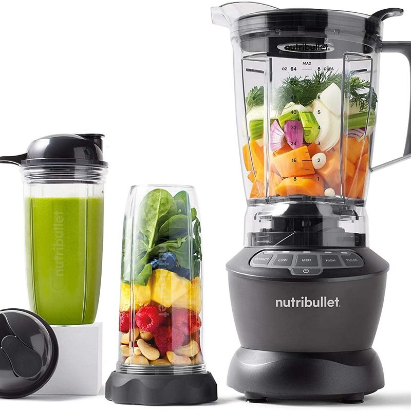 The Nutribullet Blender Combo with various ingredients inside the pitcher and single-serve cup.