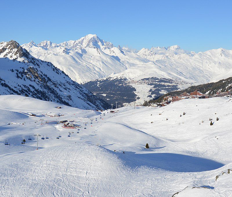 Aerial view of the ski trails at Paradiski, France.