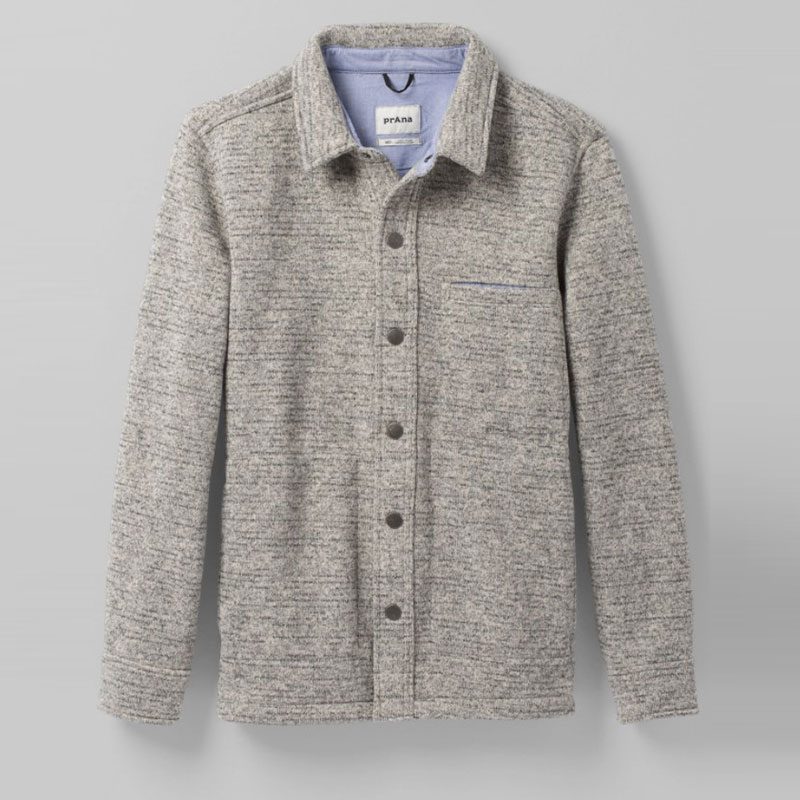 Prana Tri Thermal Threads Overshirt in Light Grey Heather on a studio background.