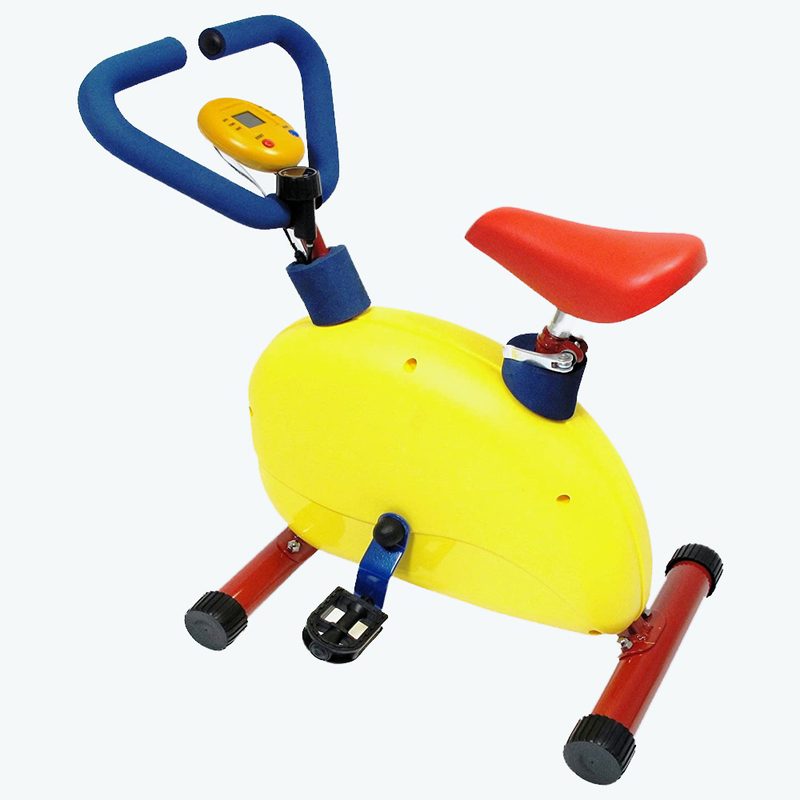 A yellow stationary bike from Redmon on plain background.