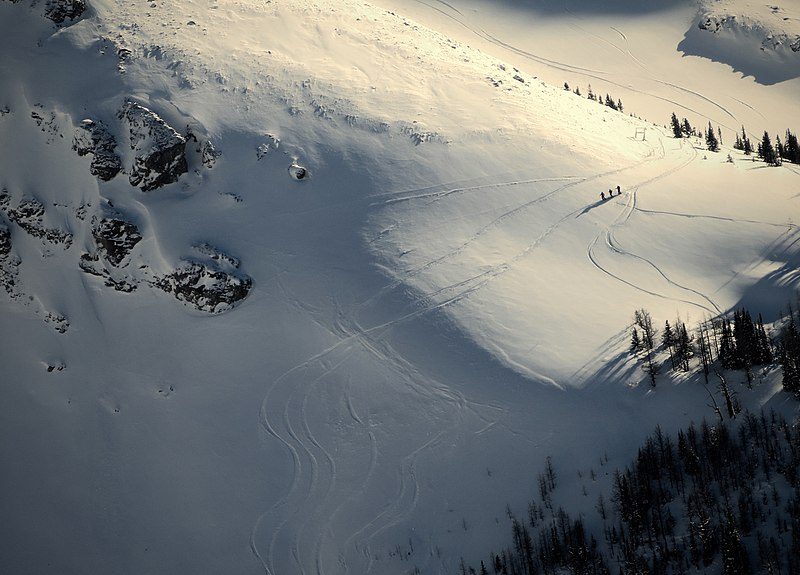 High aerial shot of a massive backcountry ski area.