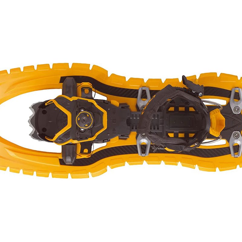 TSL Symbioz Hyperflex Adjust All-Terrain Snowshoes in Apricot color on a white studio background.