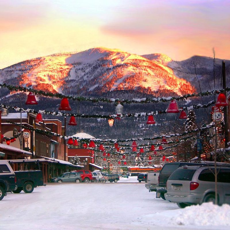 Whitefish downtown in snow.
