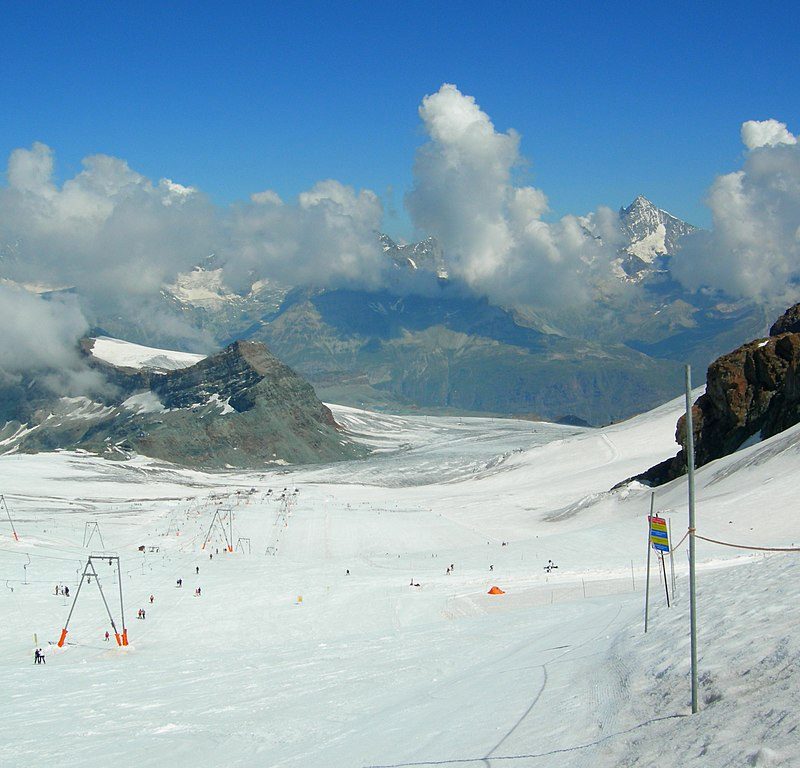 Looking down a ski trail at Matterhorn Ski Paradise, Switzerland.