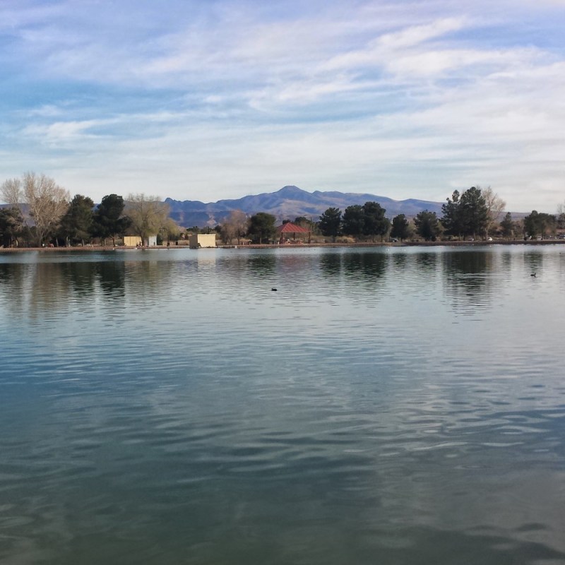 A view of Black Mountain from the pond at Sunset Park, near Las Vegas.