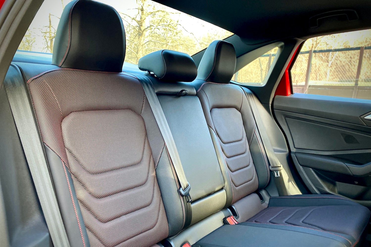 Close up of 2022 Volkswagen Jetta GLI rear seats from the passenger side.