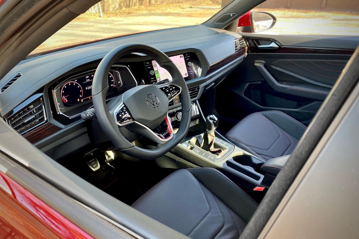 Dashboard and steering wheel in 2022 Volkswagen Jetta GLI from outside.