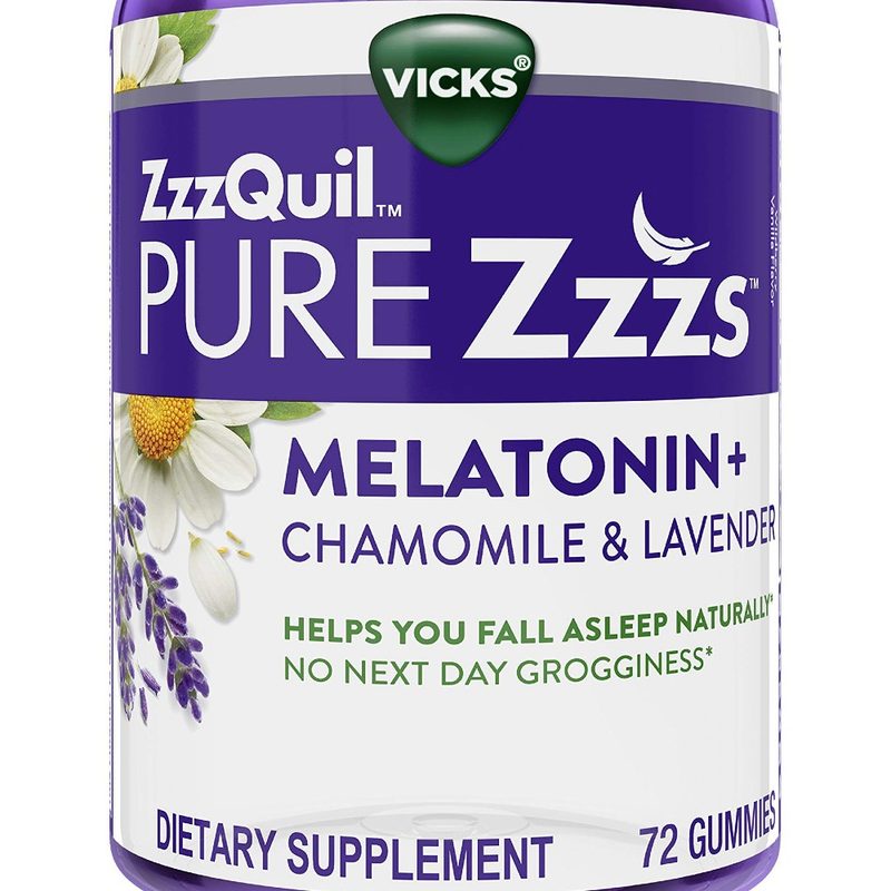 A bottle of ZzzQuil Pure Zzzs melatonin sleep aid gummies.