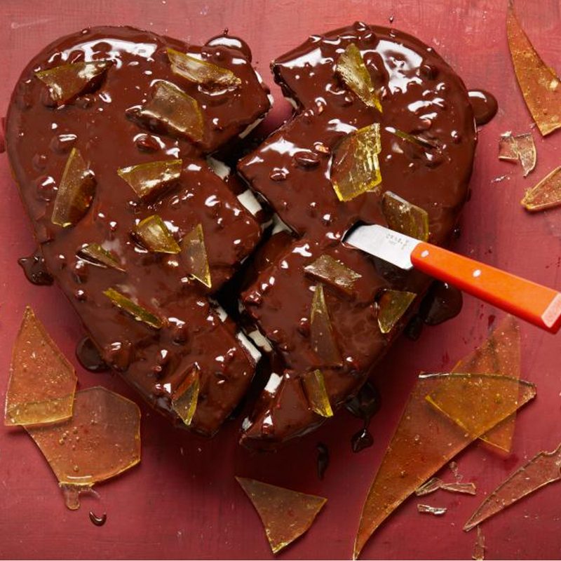 Cake shaped like a broken heart.