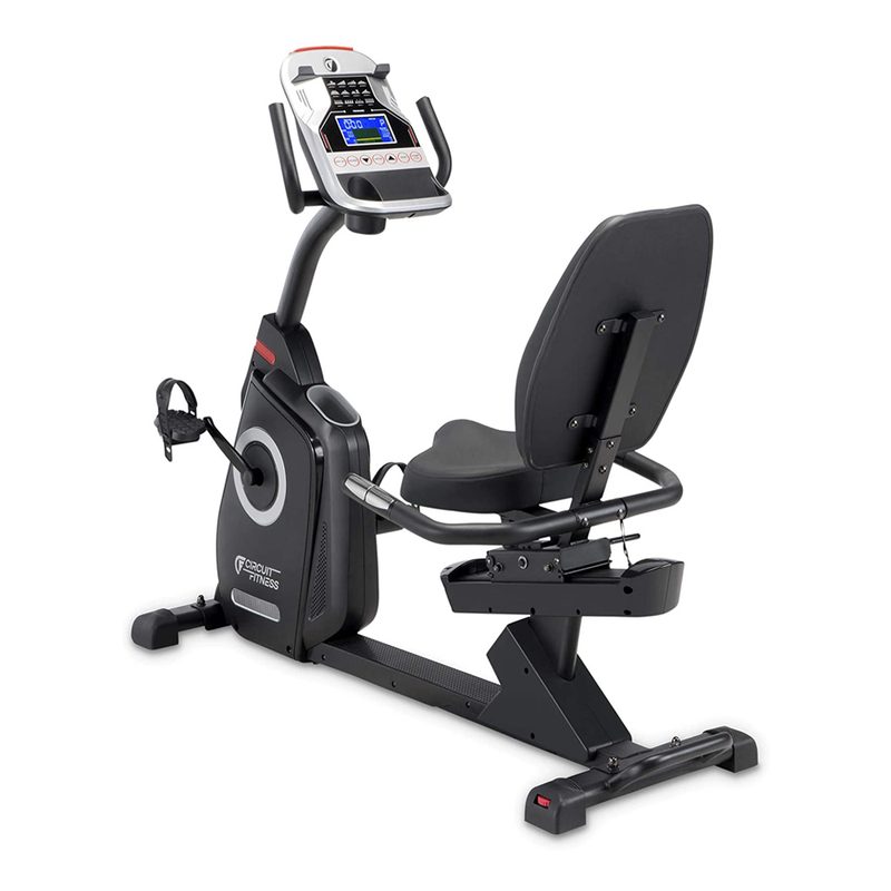 A Circuit Fitness AMZ-587R Exercise Bike with tablet holder against a white background.