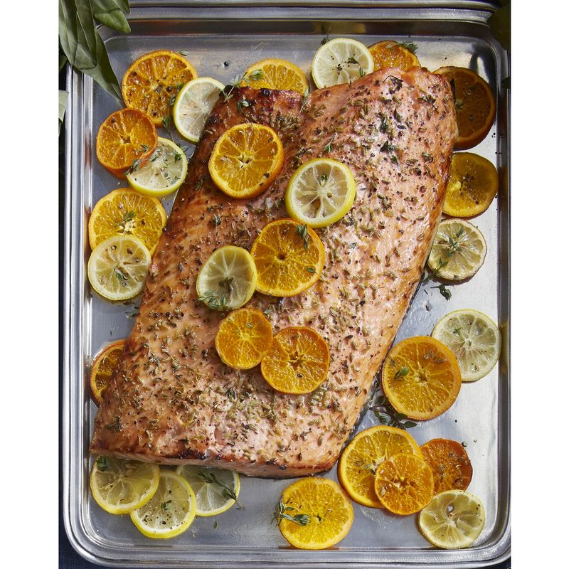Pan of salmon with citrus.