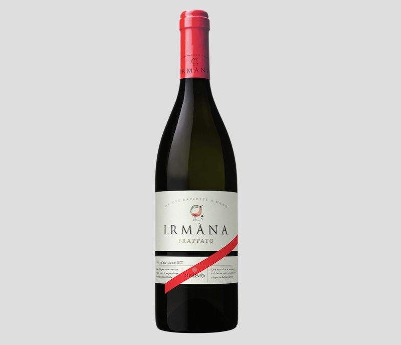 Bottle of Sicilian Corvo Irmana Frappato with a grey background.