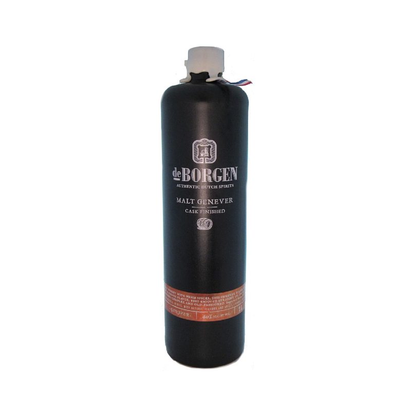A sealed bottle of De Borgen on plain background.