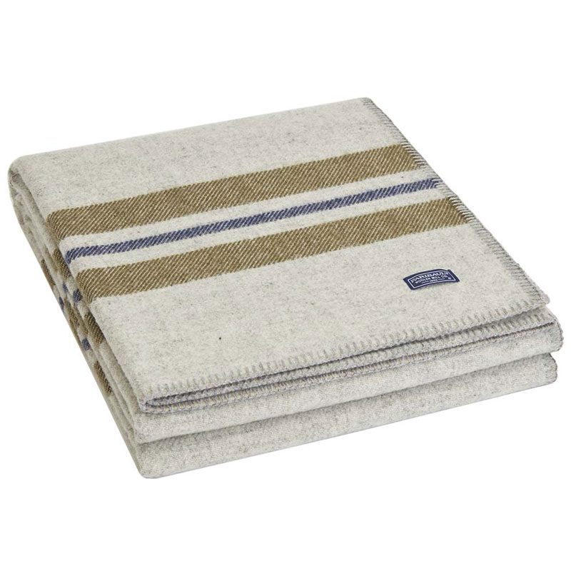 A neatly folded Faribault woolen blanket on plain background
