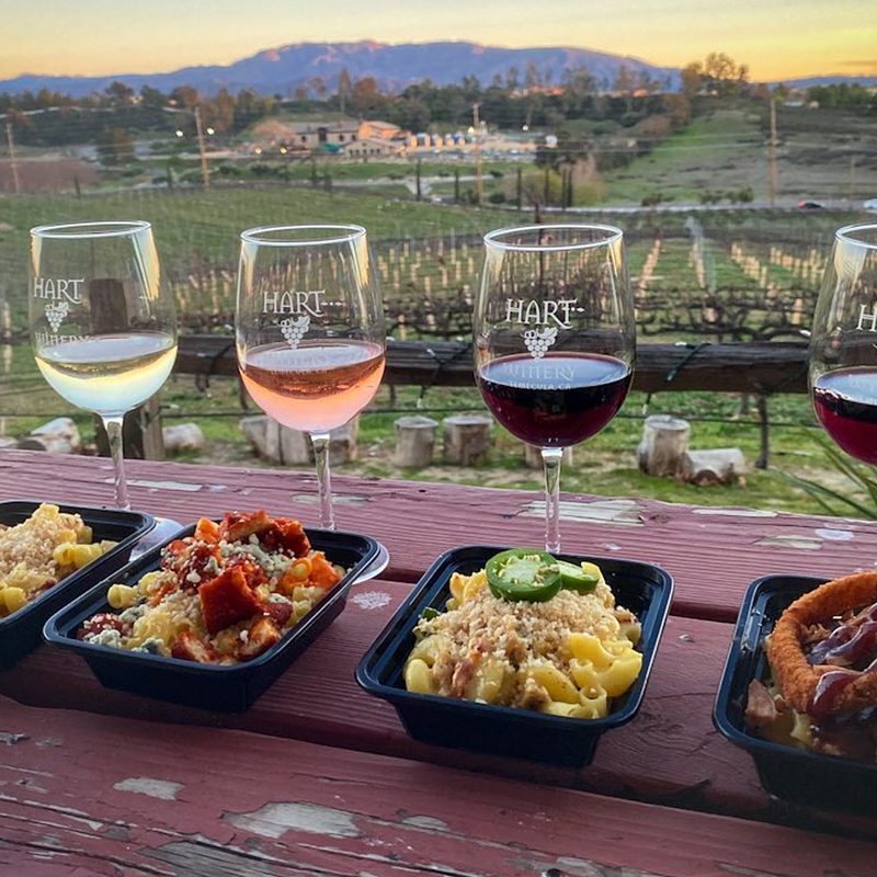 A close-up of four trays of food and four glasses of wine on a table overlooking the Hart Winery.