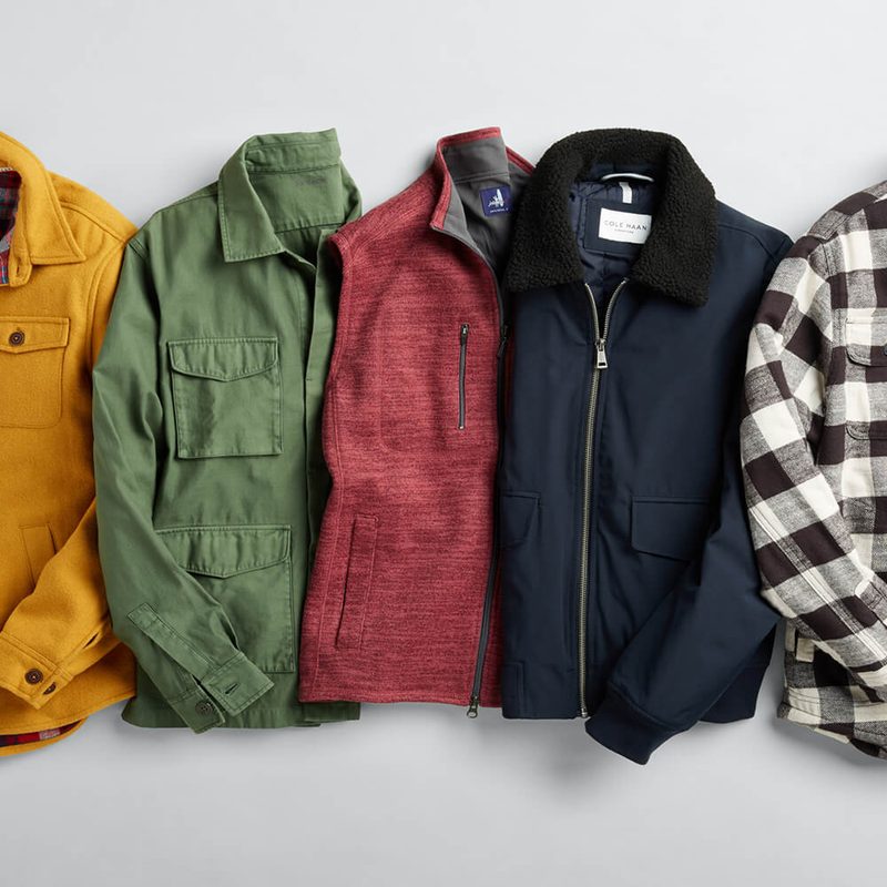 Five jackets on gray background.