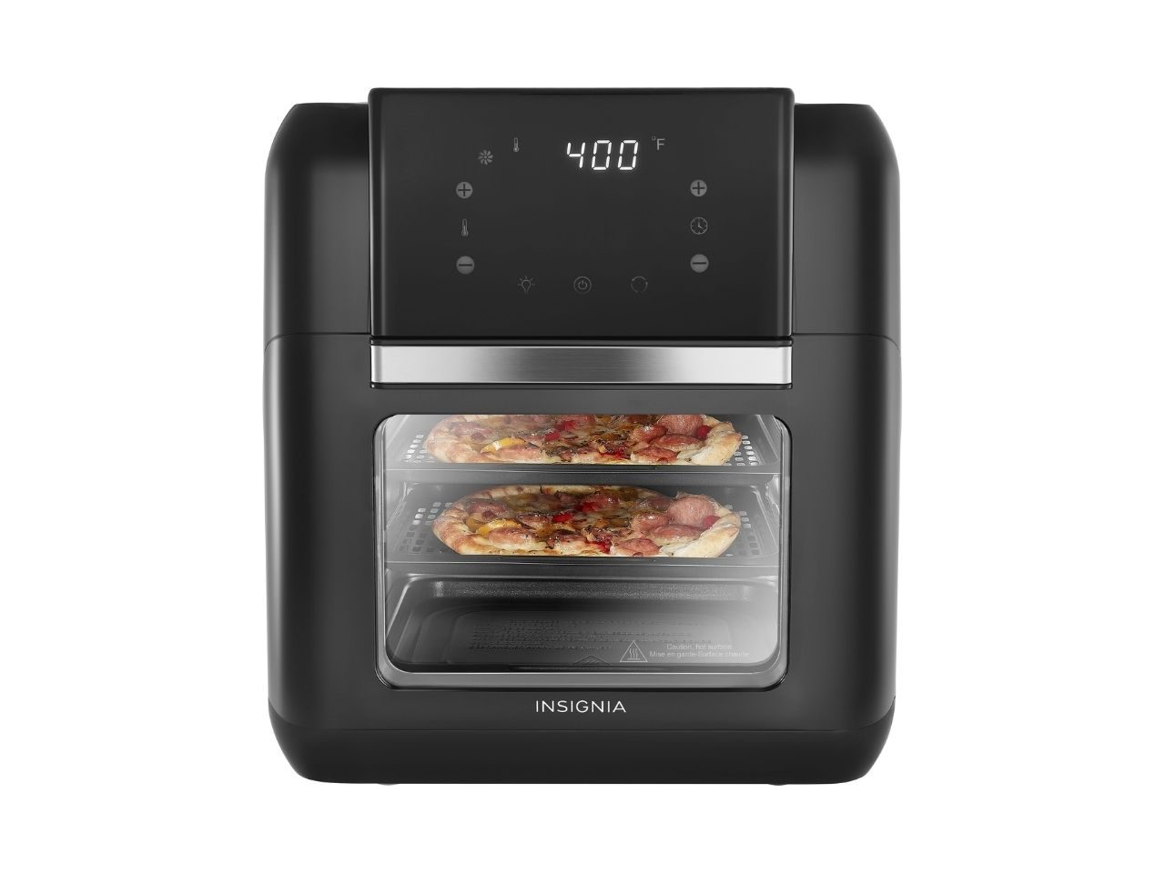 Insignia 10-quart digital air fryer with flatbread inside.