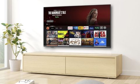 Insignia 50-inch TV mounted on living room.