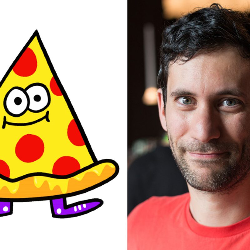 A portrait of Jon Burgerman placed side-by-side with a pizza slice from Jon's Pizza Shop.