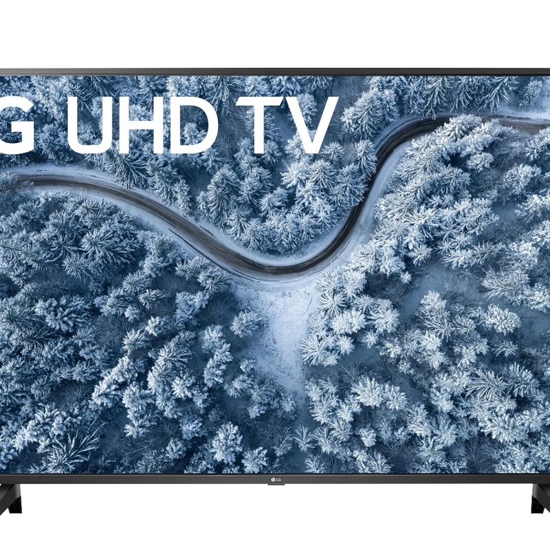 The LG UP7000 Series 4K TV with a winter scene on the screen.