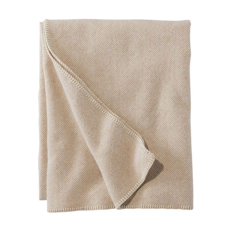 A khaki wool blanket from LL Bean on white background