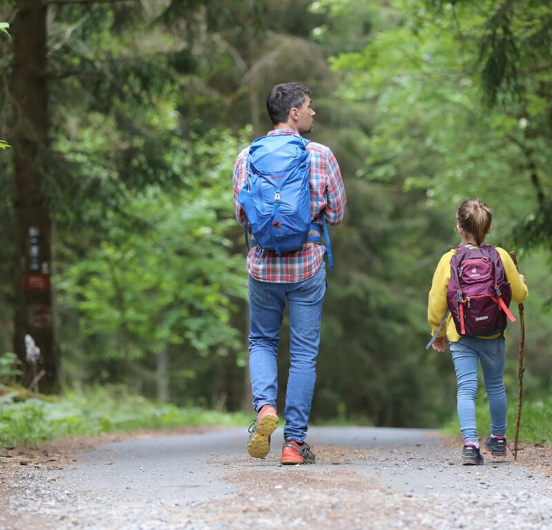Man hiking on a trail with small girl.