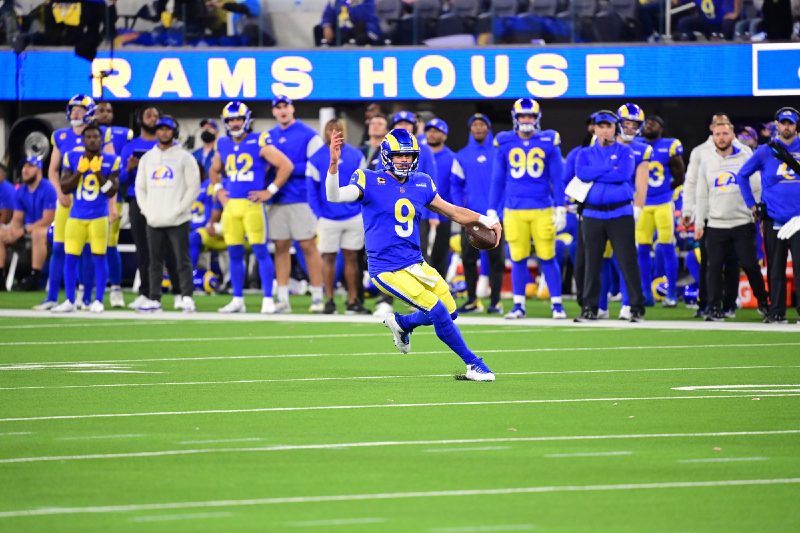 Matthew Stafford of the Los Angeles Rams scrambles during the 2022 NFC Wild Card game.