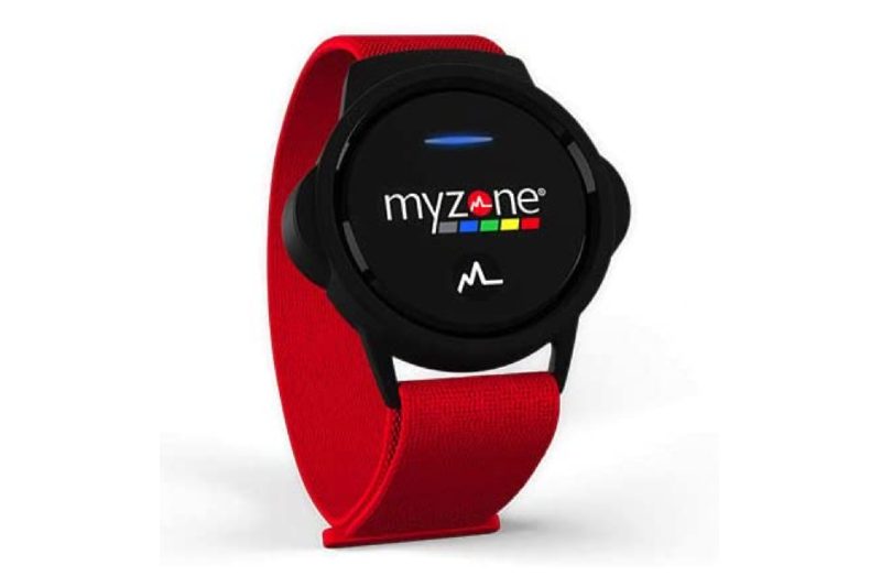 The MYZONE MZ-Switch with a red band and black watch face.