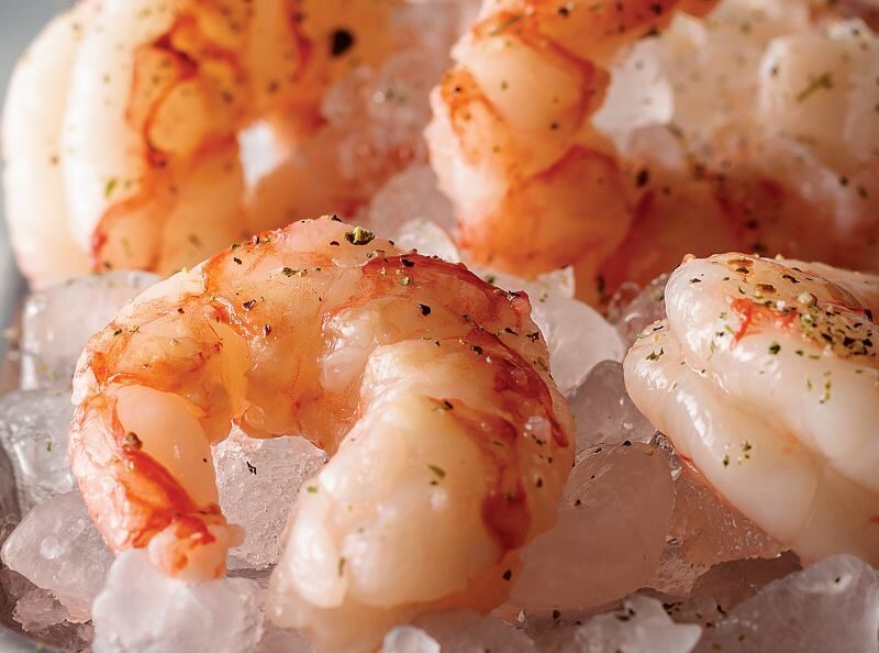 Close-up of four cooked shrimp sitting on ice.
