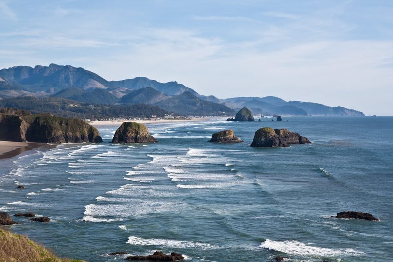 A view of the Oregon coastline approaching Cannon Beach.