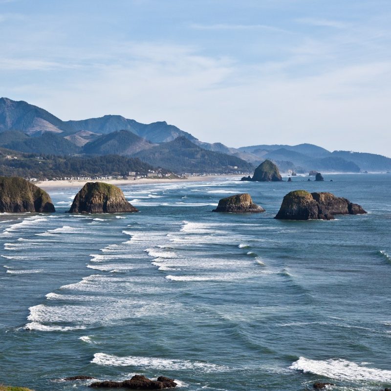 A view of the Oregon coastline approaching Cannon Beach.