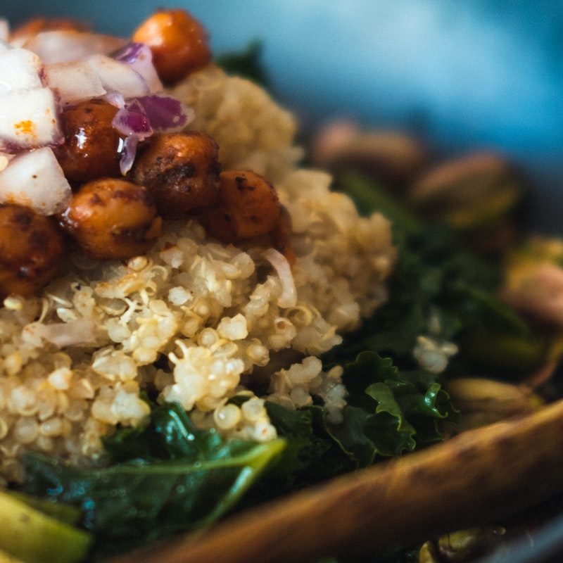 Quinoa with greens and chickpeas.