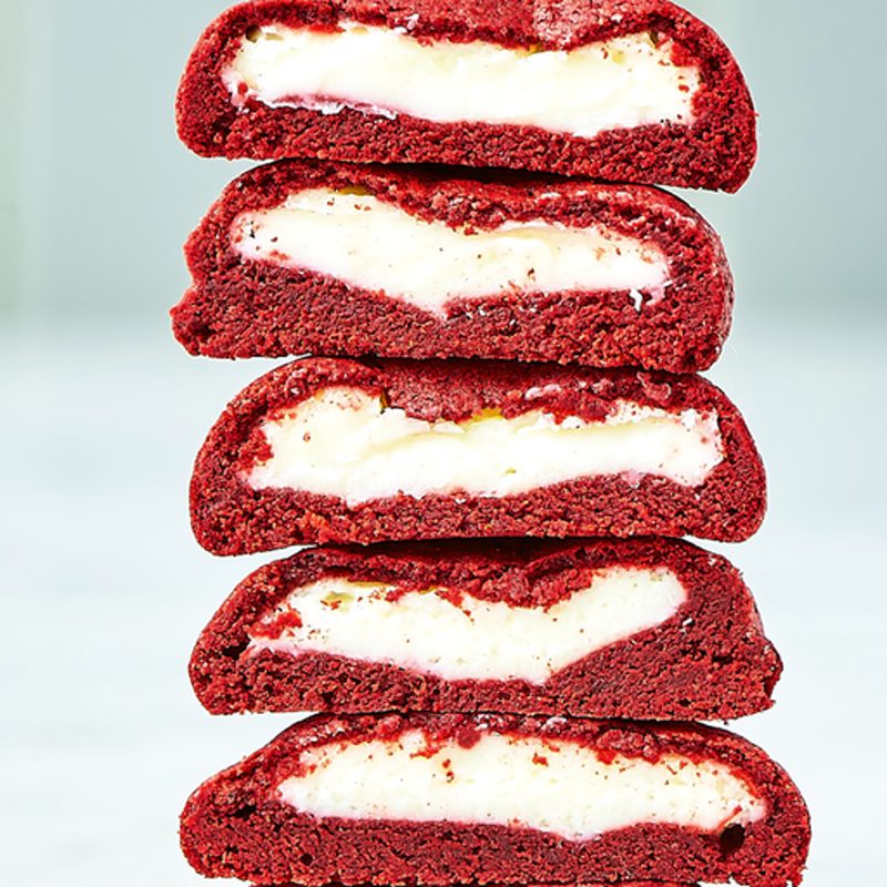 Inside Out Red Velvet Cookies stacked on top of each other.