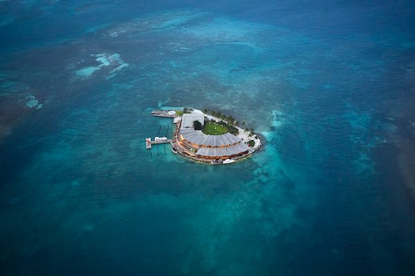 An aerial view of the Saba Rock Resort.