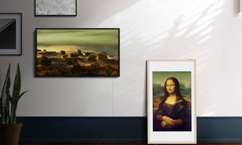 Samsung 50-inch The Frame TV showing Mona Lisa and landscape photography.