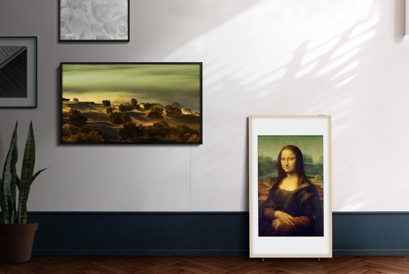 Samsung 50-inch The Frame TV showing Mona Lisa and landscape photography.