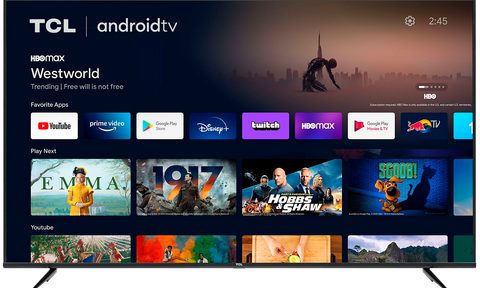 The TCL 4-Series 4K TV with the Android TV interface on the screen.