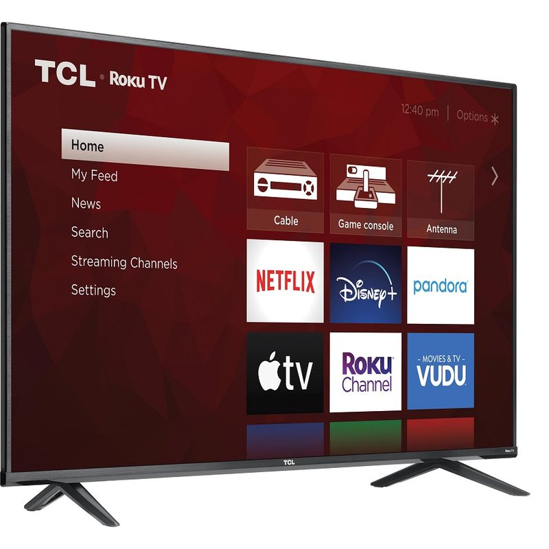 The 55-inch model of the TCL 4-Series 4K TV with the Roku TV interface on the screen.