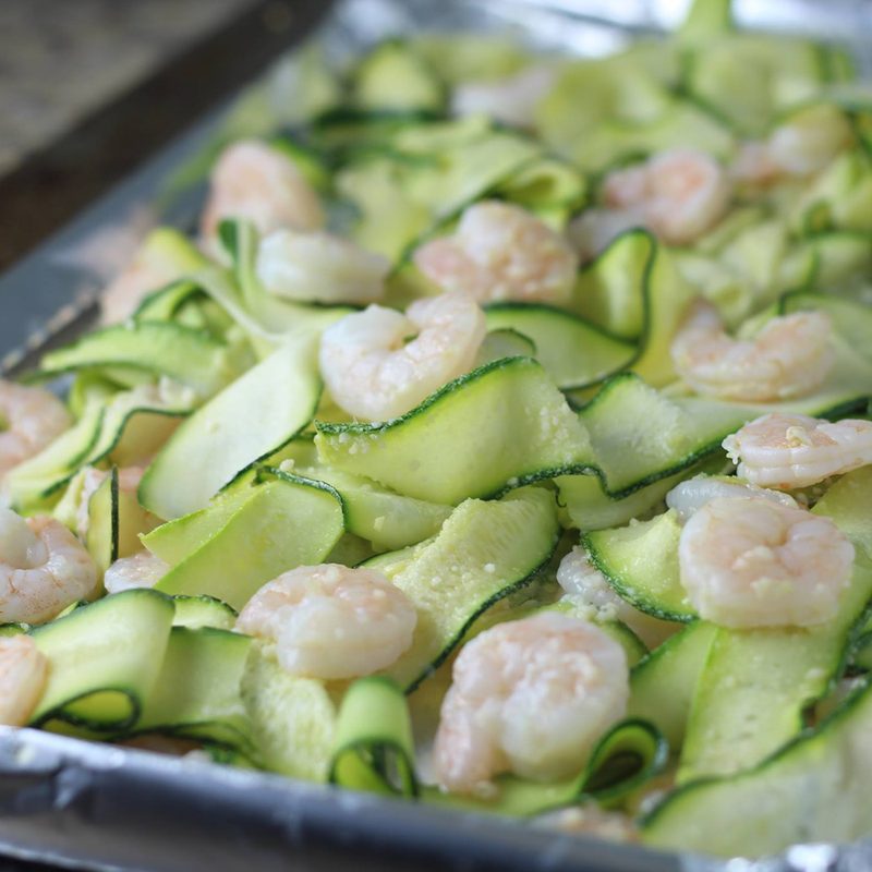 A close-up of a sheet pan shrimp scampi.