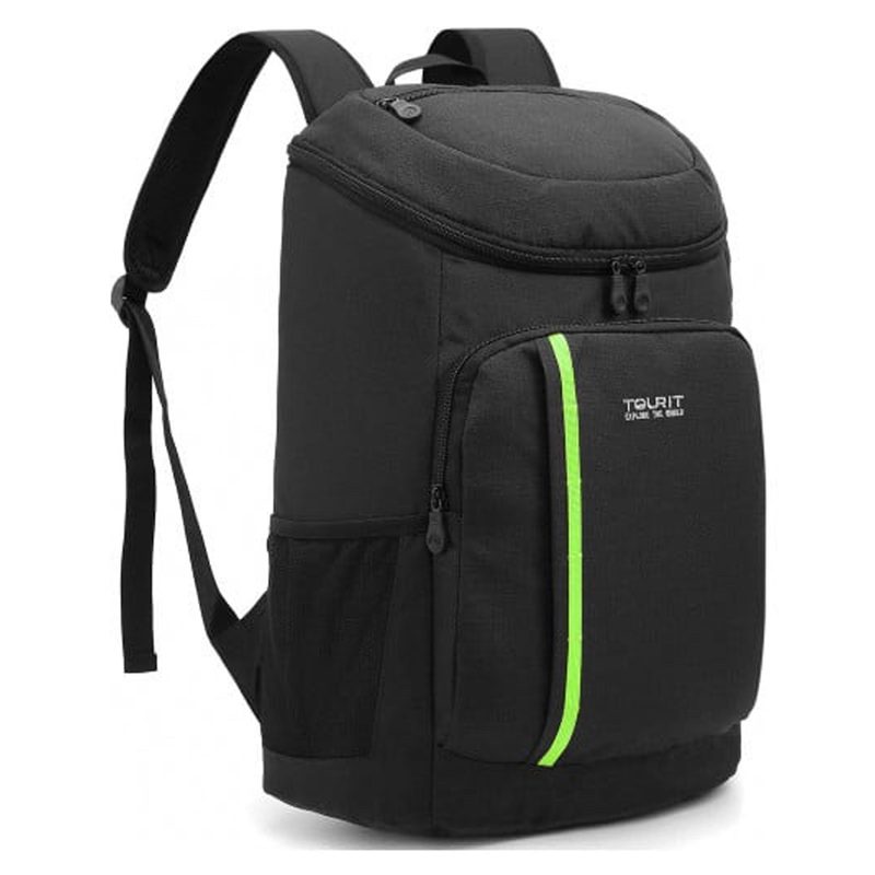 A black Tourit backpack cooler with green lining on the front pocket.