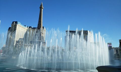 A view of the fountains and Paris Las Vegas' Eiffel Tower replica at Bellagio Las Vegas on the Las Vegas Strip.