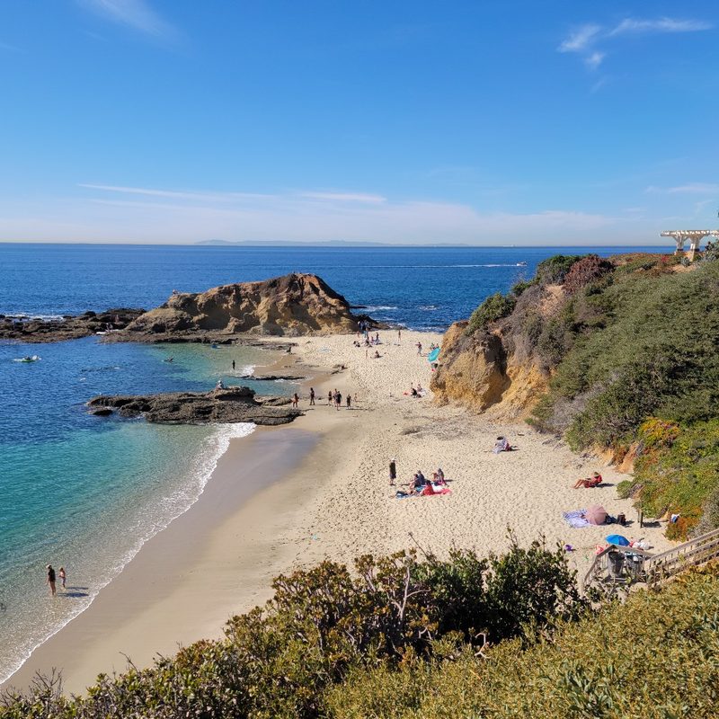 A view of Goff Island and Catalina Island from the bluffs above Goff Island Cove in Laguna Beach, California.