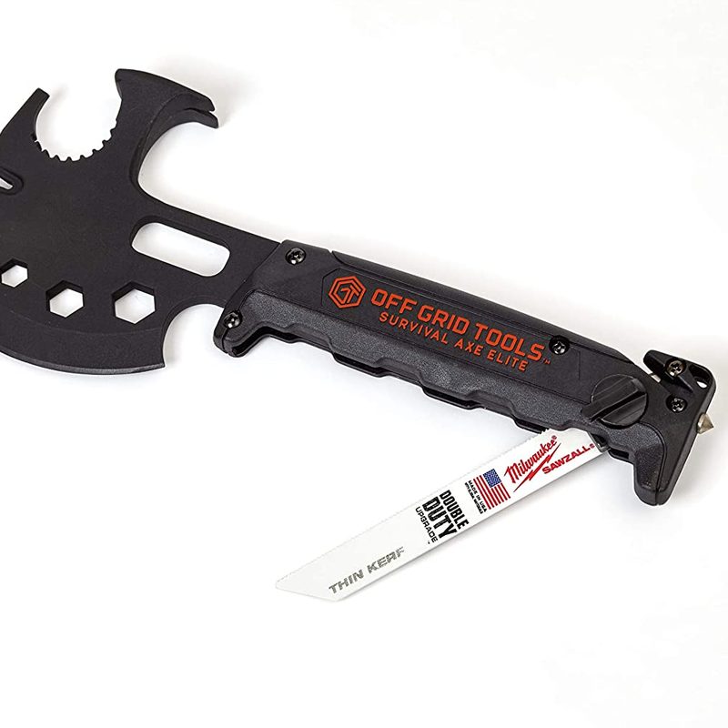A black Off Grid Tools Pro Survival Axe Elite displayed on white background.