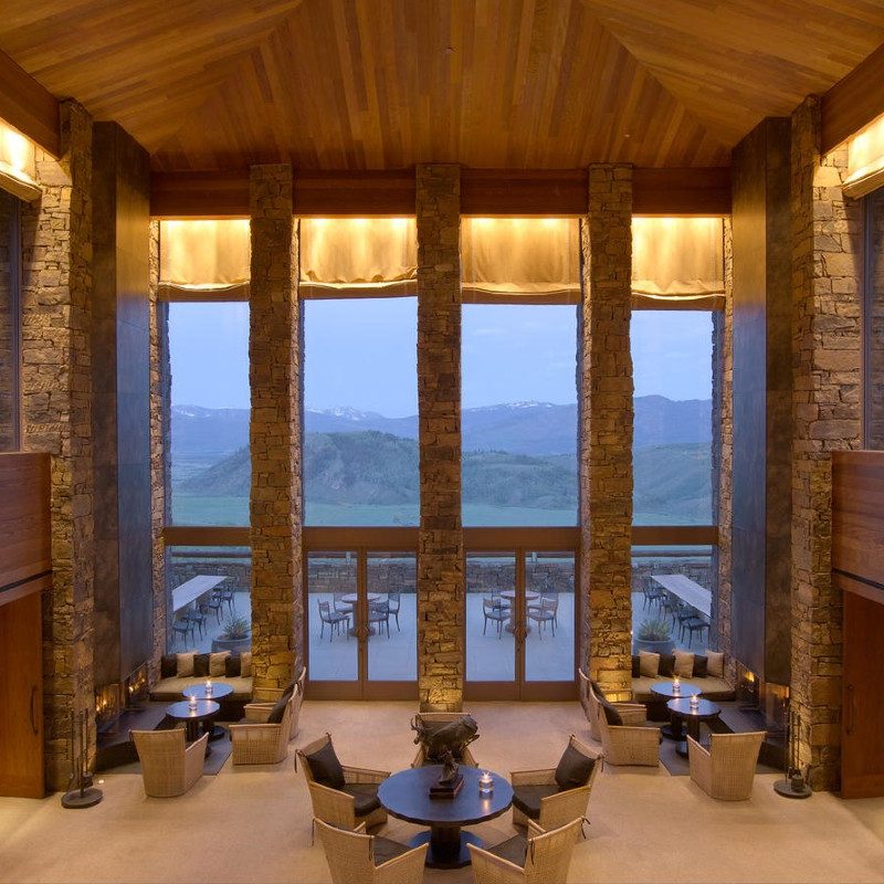 A panorama of the Amangani dining room, looking out to the mountains beyond