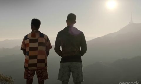 Jazz and Will Smith look out over the greater L.A. valley in Peacock's reboot, 'Bel-Air.'