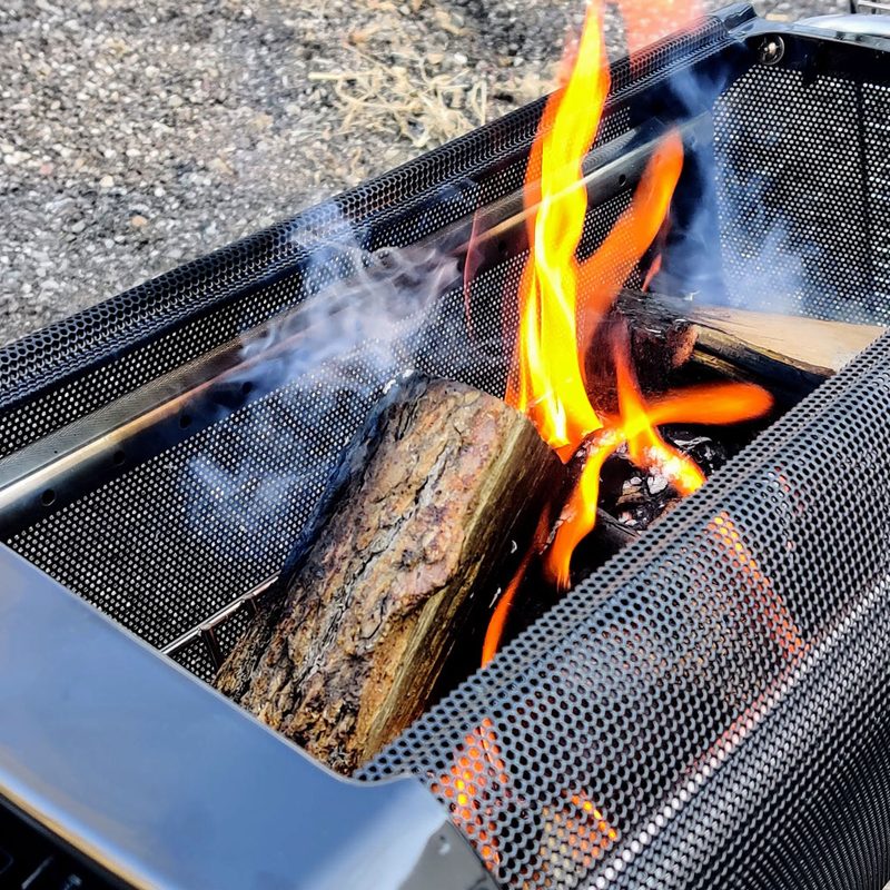 Closeup of campfire inside BioLite FirePit+ fire pit.