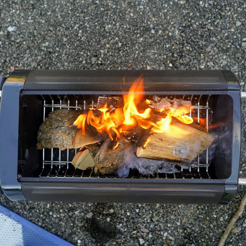 Overhead of campfire inside BioLite FirePit+ fire pit.